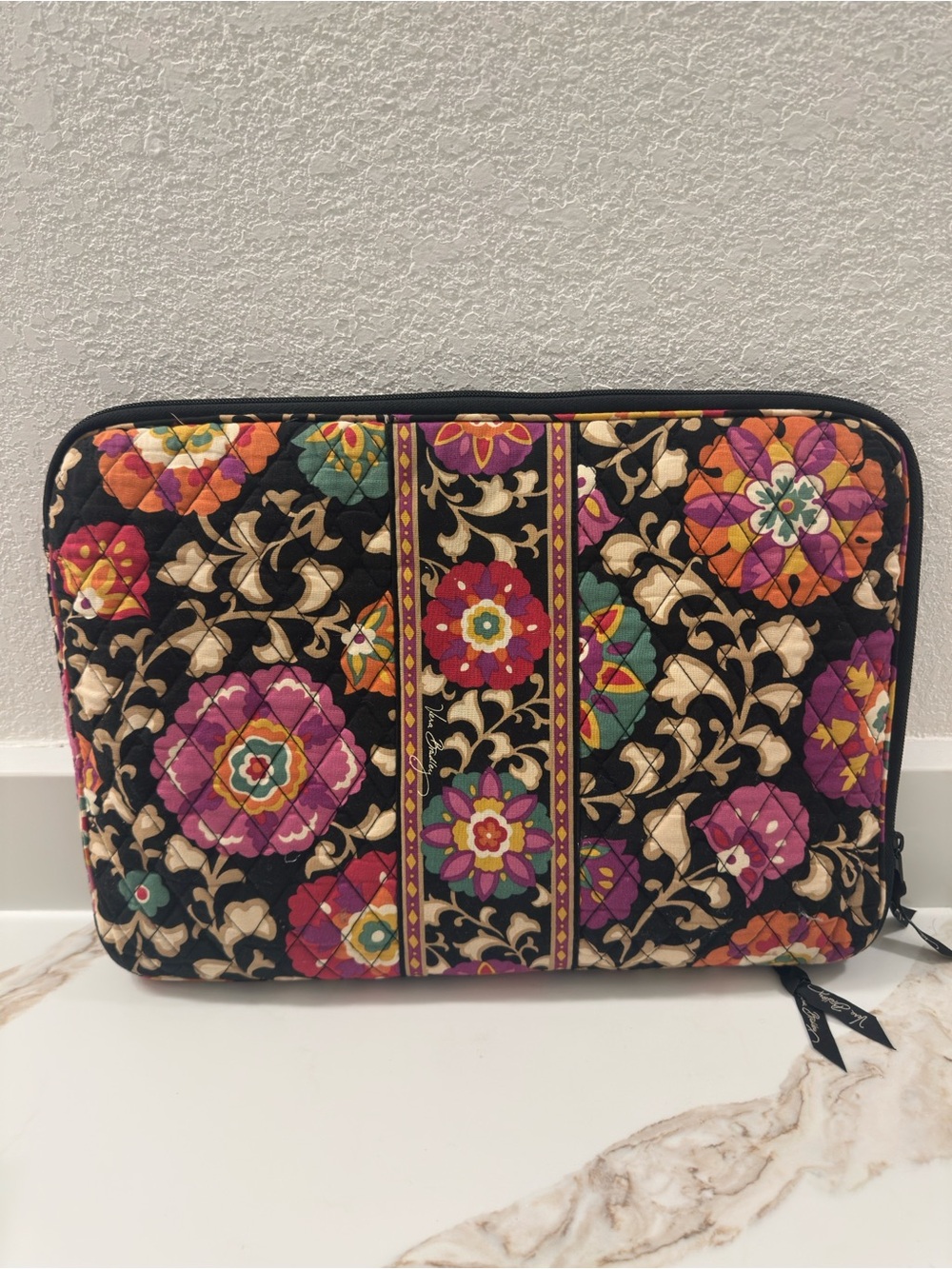 Quilted Floral Laptop Sleeve - Black Multi-Floral Suzani Multicolor